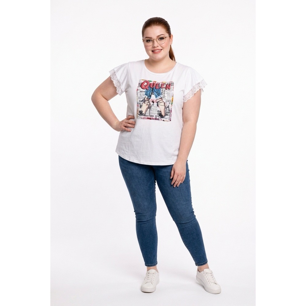 Fashion‎ Of New York Queen Graphic Tee White Mesh Ruffle Sleeve Rhinestone Top
